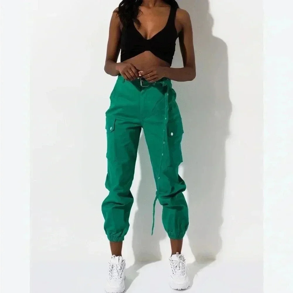Cargo Green Pants with Belt, Pocket and Cropped/ Full Length High Waisted Jogger